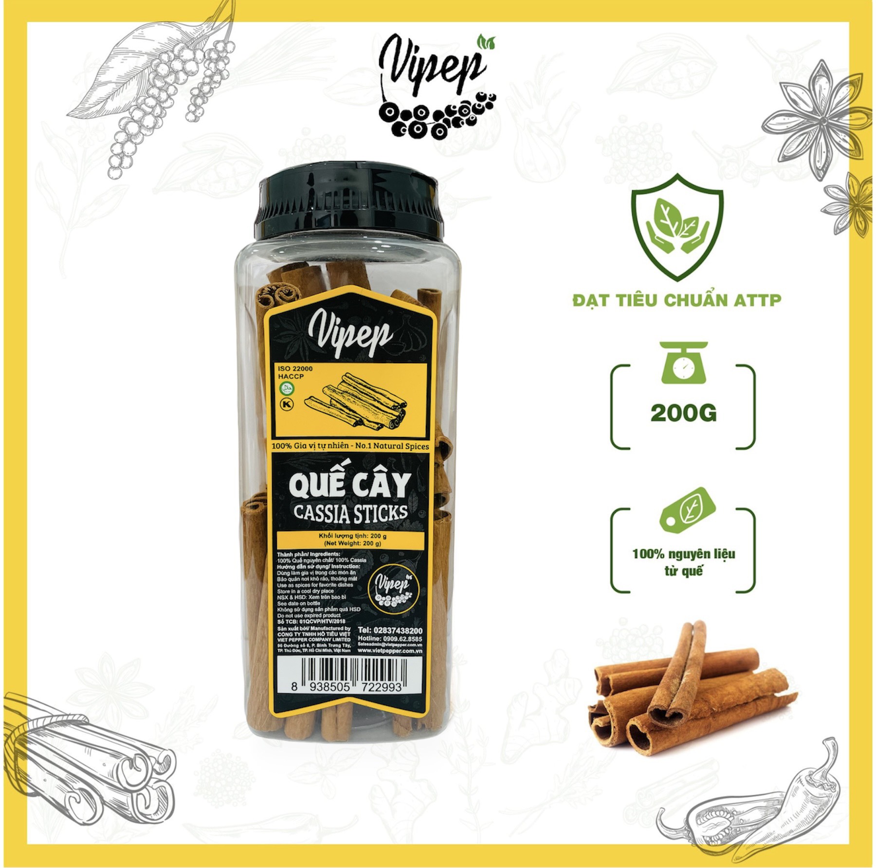 Quế Cây cạo vỏ Vipep 200g giúp tăng lưu thông huyết, tăng cường hô hấp, 100% nguyên liệu sạch