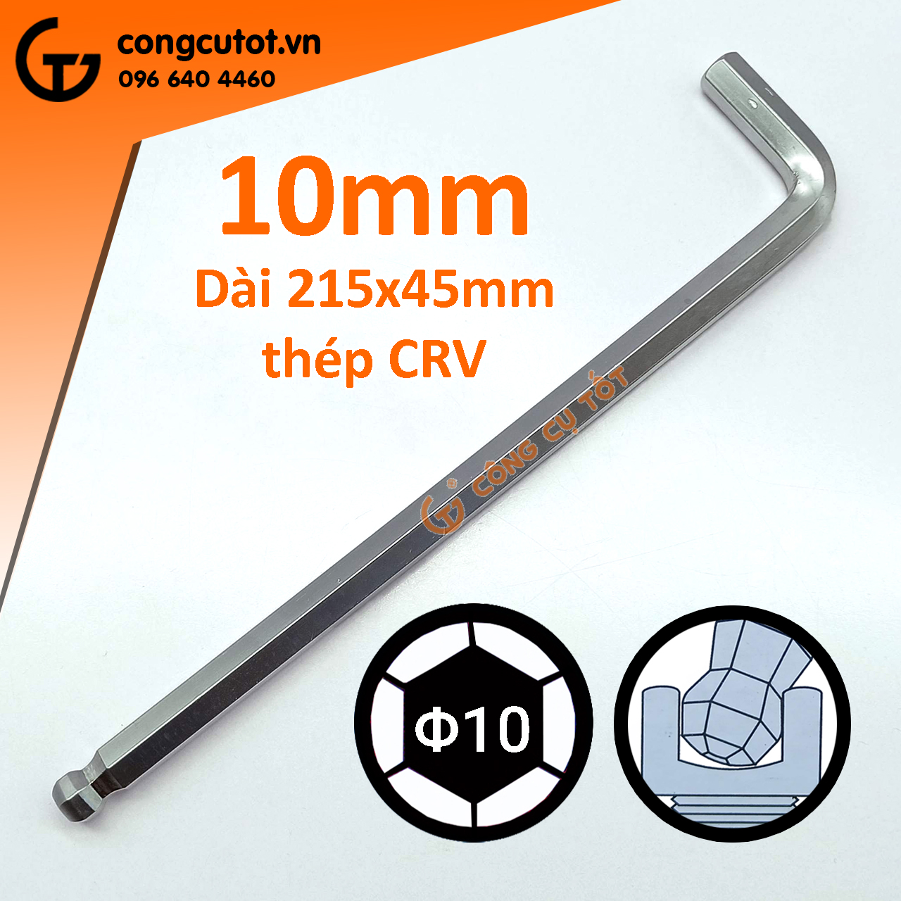 Lục giác đầu bi lẻ 10mm chữ L 215x45mm thép CrV trắng