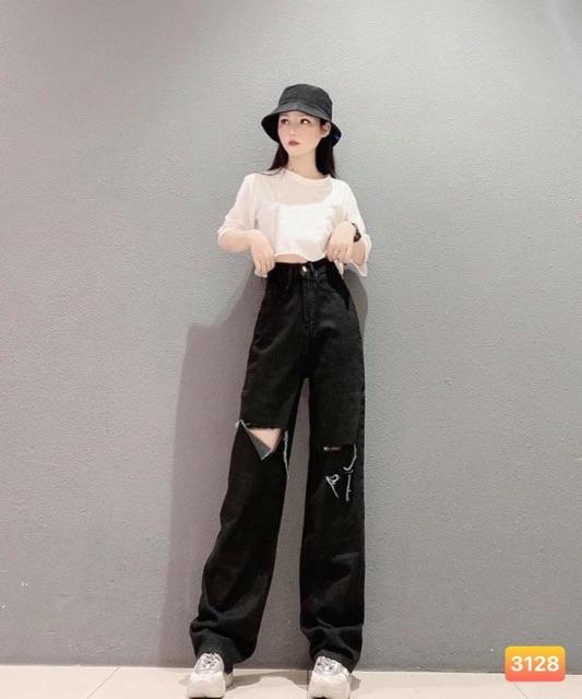QUẦN JEANS DÁNG SIÊU DÀI RÁCH DÁNG XUÔNG- [hình thật