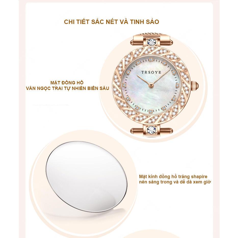 Đồng hồ nữ TRSOYE TR8809 mặt số VÀ viền đính đá sang trọng - quyến rũ không thấm nước Dây đeo lưới hợp kim thép