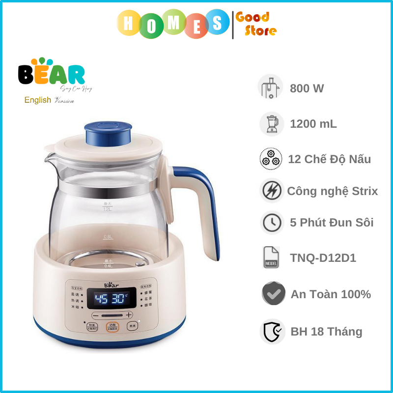 Bình Thủy Điện, Bình Đun Nước Đa Năng BEAR TNQ-D12D1, Dung Tích 1.2 Lít Công Suất 800W - Hàng Chính Hãng