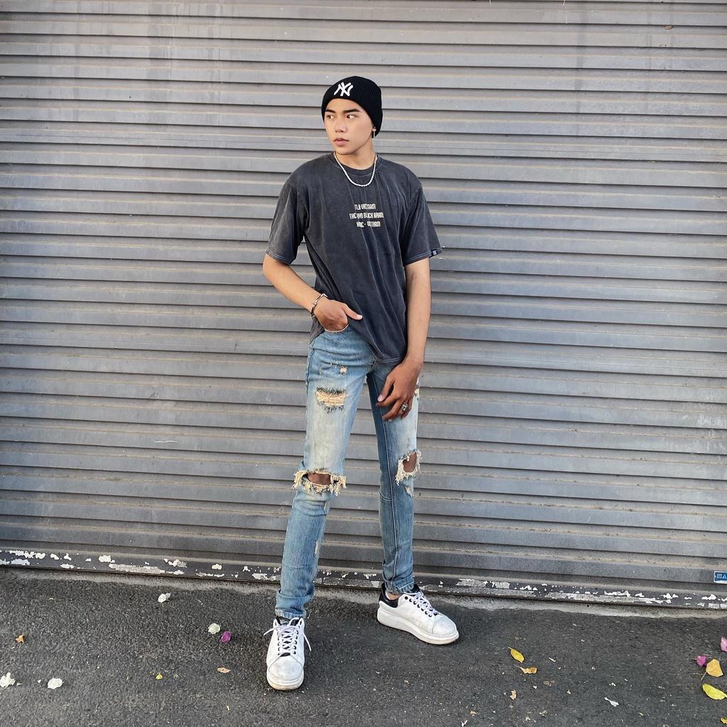 Quần Jean Nam The Luyn Black Màu Xanh Vintage Kiểu Rách Gối Form Dáng Skinny Fit - Size 30