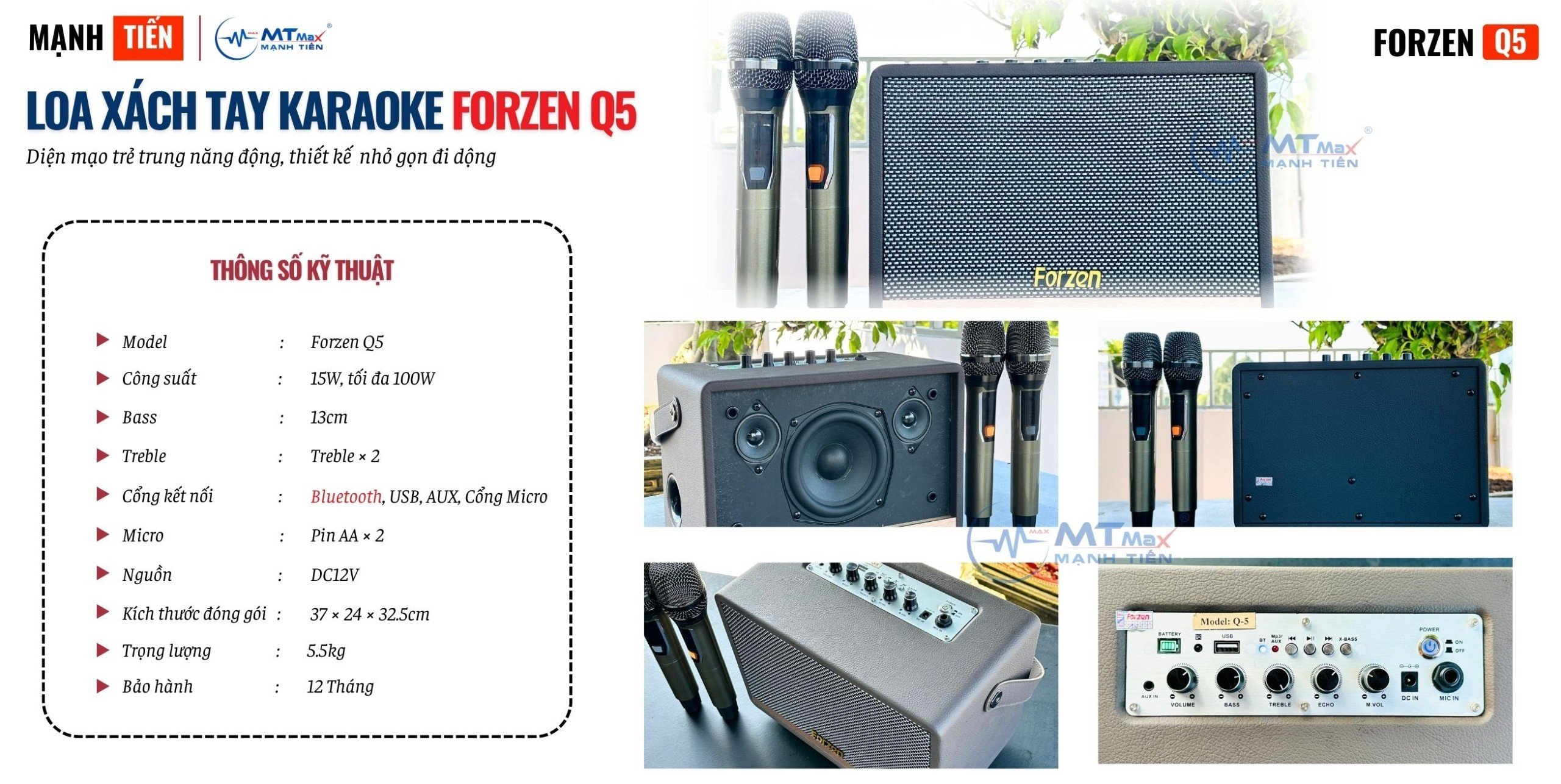 Loa Di Động Karaoke Forzen Q5 - Âm Thanh Chắc Bass Ấm Kèm 2 Micro Cao Cấp Hàng chính hãng