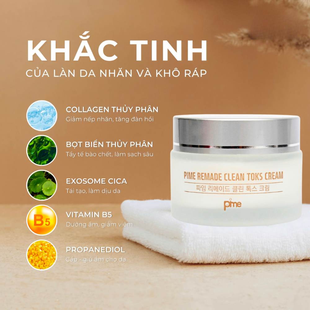 Kem trẻ hóa da Pime Remade Clean Toks Cream, hỗ trợ ngăn lão hóa, phục hồi da, tăng sinh collagen, làm sáng da 50g
