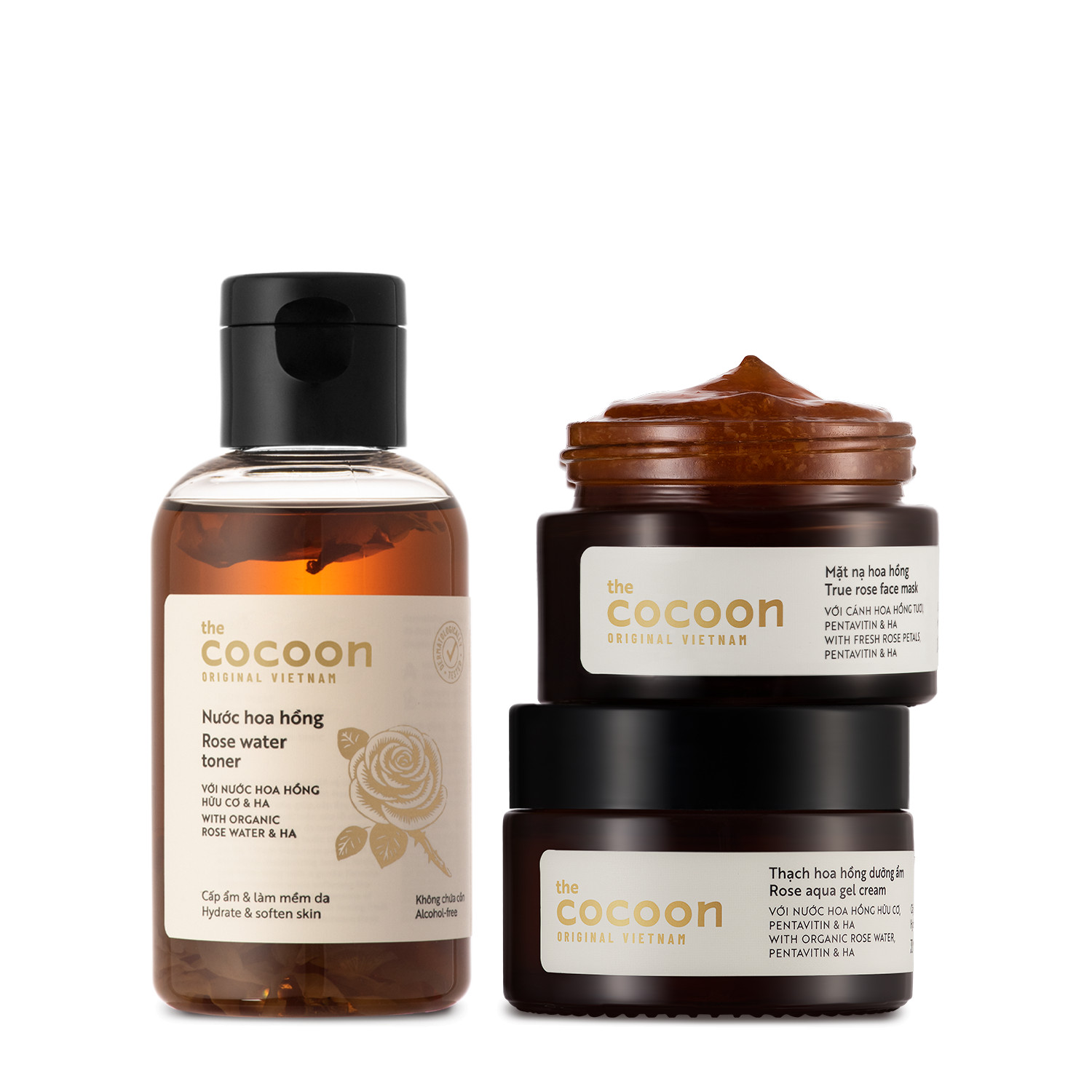 Combo dưỡng ẩm chuyên sâu Cocoon : 01 Nước hoa hồng Cocoon 140ml + 01 Mặt nạ hoa hồng Cocoon 30ml + 01 Thạch hoa hồng dưỡng ẩm Cocoon 30ml