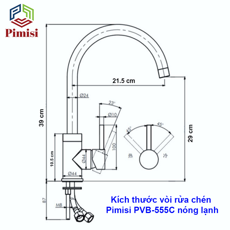 Vòi rửa bát nóng lạnh Pimisi đồng thau mạ xi Cr/Ni sáng bóng kiểu tròn điều chỉnh nhiệt độ bằng tay gật gù - kèm 2 sợi dây cấp nước dùng cho chậu rửa bát 1-2-3 hố trong nhà bếp - vòi nước rửa chén gắn chậu âm dương bàn đá quay 360 độ tăng áp | Chính hãng