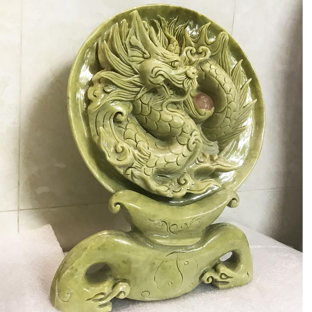 Phù điêu rồng nhả ngọc đá tự nhiên 100% điêu khắc mỹ nghệ, đường kính 24 cm nặng 4.5 kg