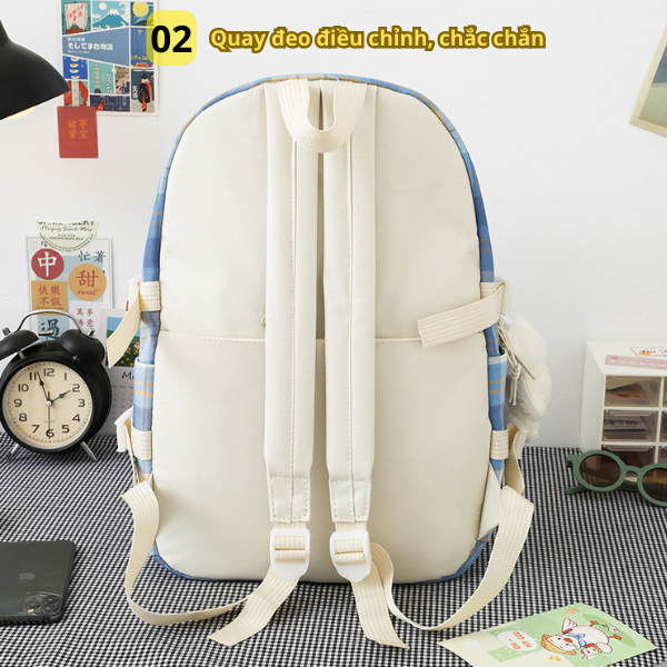 Combo 5 món BH Kids Balo caro nữ, phiên bản Hàn Quốc, vải Nylon chống nước