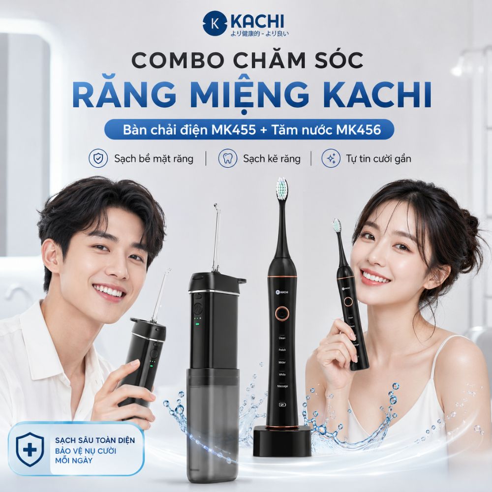 COMBO chăm sóc răng miệng toàn diện Kachi bàn chải điện làm sạch bề mặt răng + tăm nước làm sạch kẽ răng - hàng chính hãng