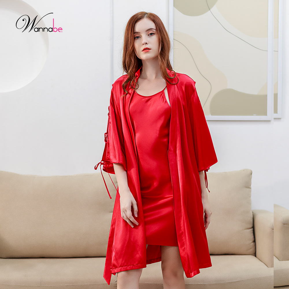 Áo choàng ngủ WANNABE KIS33 áo khoát ngủ dạng kimono xẻ sườn cánh tay đan khoen xxx cột nơ xinh xắn cho người mặc