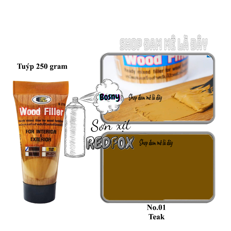 Keo trám gỗ, keo vá nứt gỗ Wood Filler No.B218 Bosny tuýp 250 gram - Thái Lan, Bột trét gỗ, bột vá gỗ, khuyết điểm đồ gỗ nội thất, bàn ghế, tủ gỗ