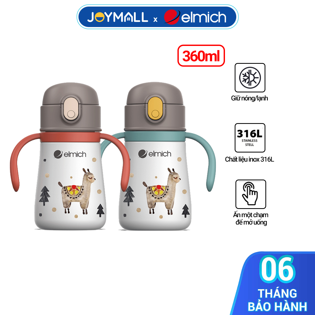 Bình giữ nhiệt cho bé Elmich Baby EL8317 360ml, Hàng chính hãng, inox 316, có ống hút - JoyMall