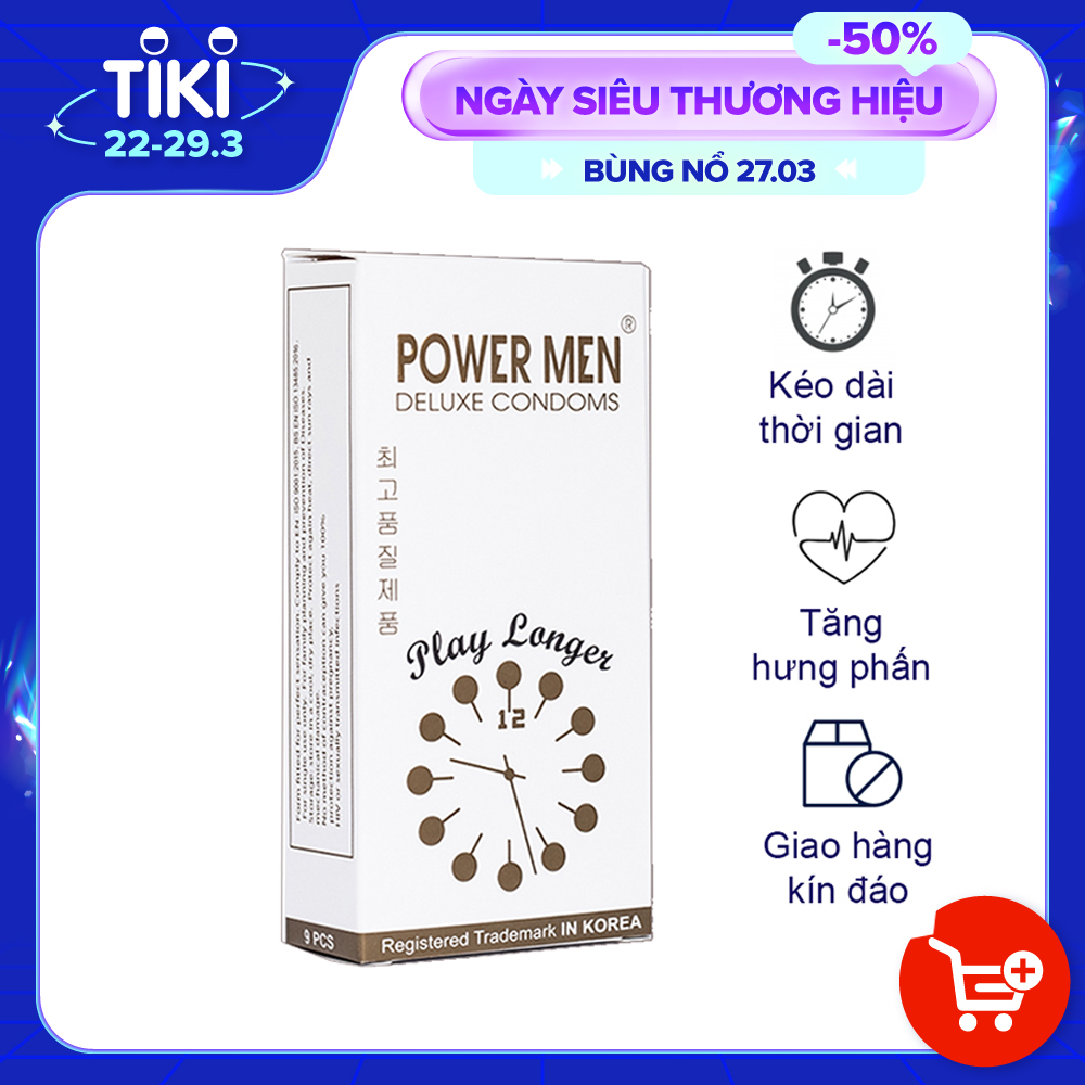 Bao cao su gân gai, kéo dài thời gian Powermen Player Longer hàng đồng hồ Hộp 9 BCS (PL9) - che tên sp khi giao hàng