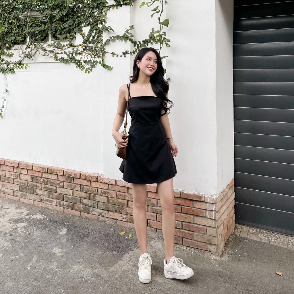 Đầm trơn 2 dây trắng và đen