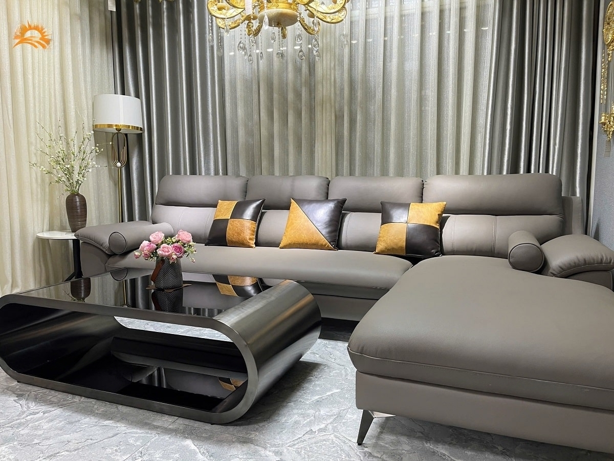 Sofa góc L da bò Italy Juno sofa màu xám – SFLCT01 3m3 x 1m9 hàng cao cấp chuẩn da bò nhập khẩu Ý