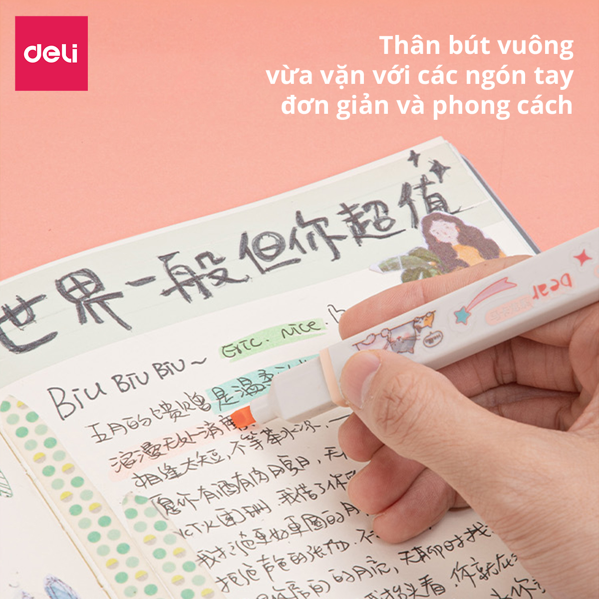 Bút highlight dạ quang nhấn dòng kèm sticker Deli - Hộp 6 chiếc - S743