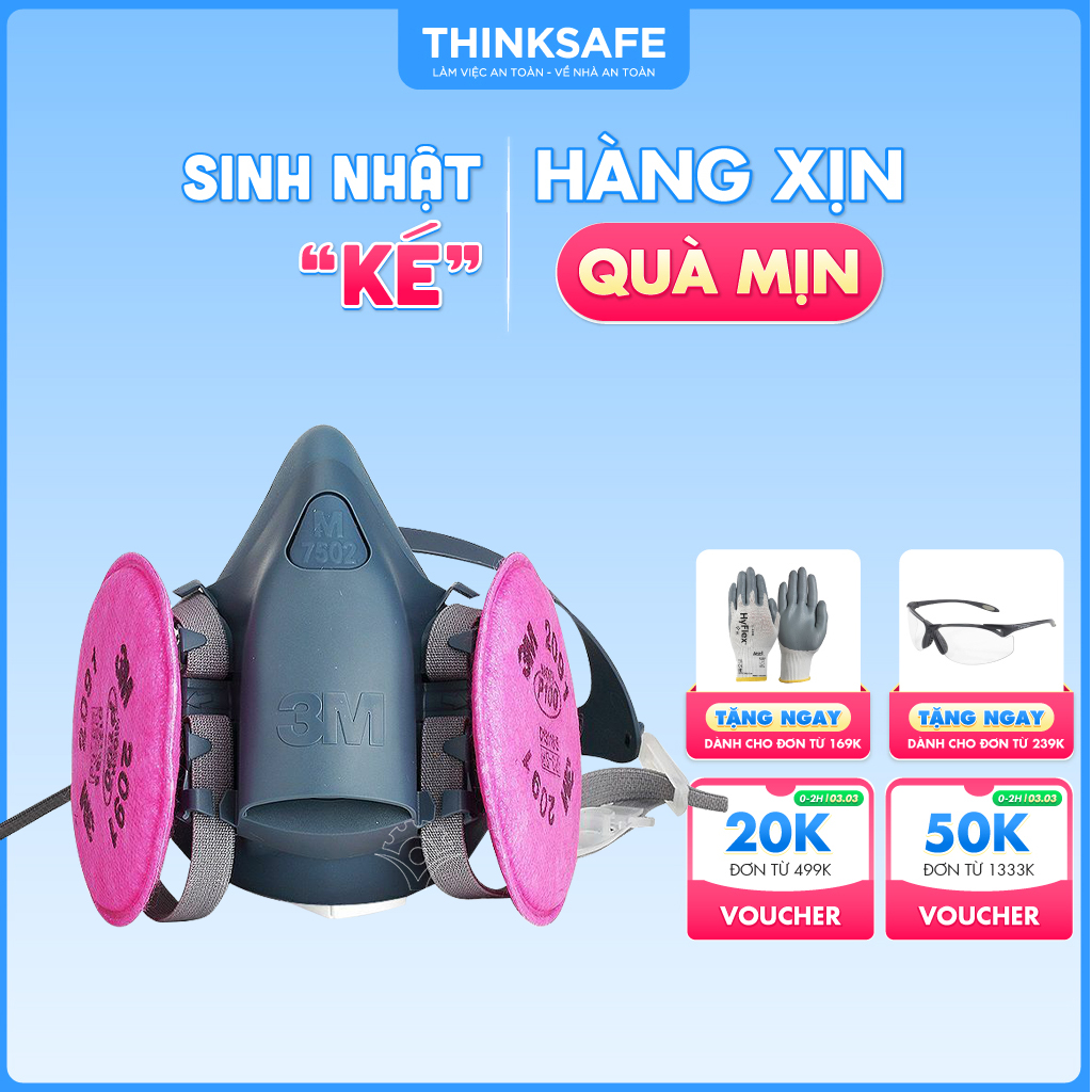 Mặt nạ phòng độc 3M 7502 kết hợp phin lọc 3M 2091 | Chống độc, khói hàn, bụi mụn - Thinksafe