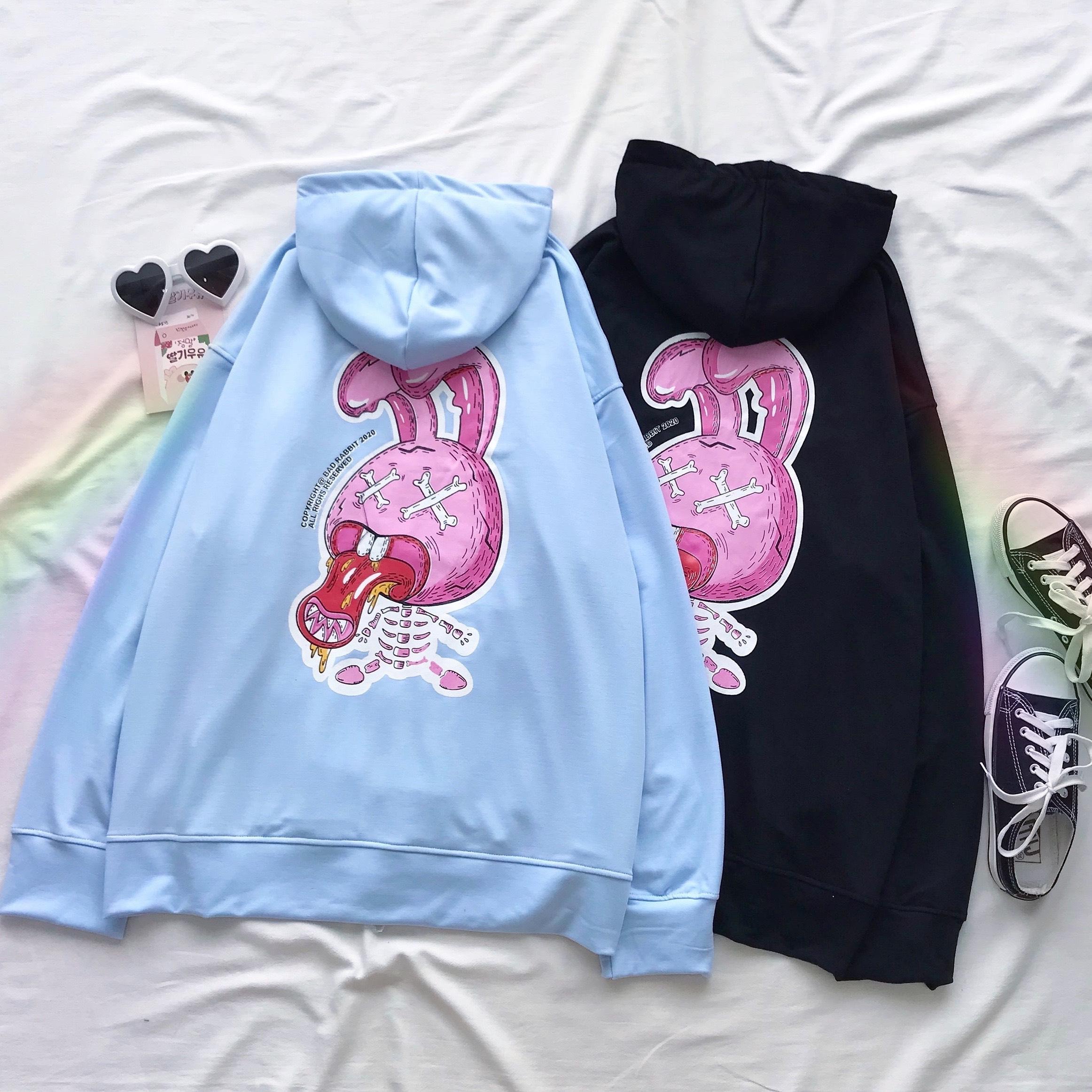 Áo Khoác Hoodie Zip In Hình Thỏ Hồng Oversize Ulzzang Unisex Dáng Rộng - MM