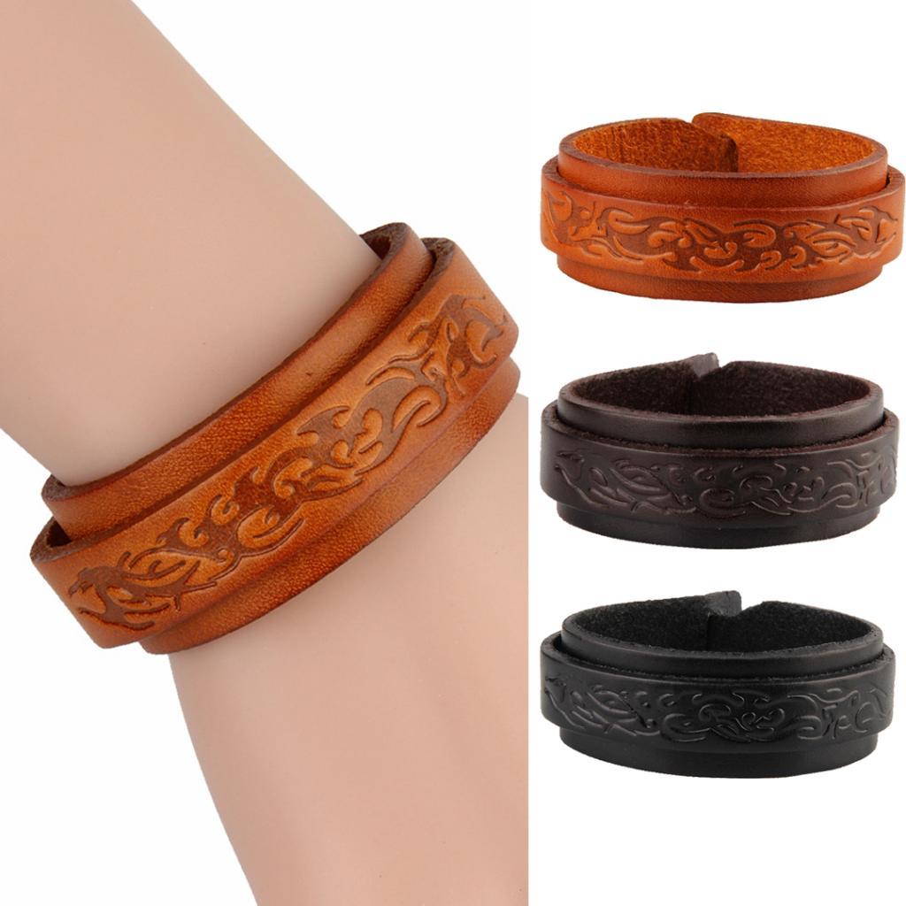 Handmade Double Layers Wide Mens Leather Cuff Bracelet Bangle Pattern