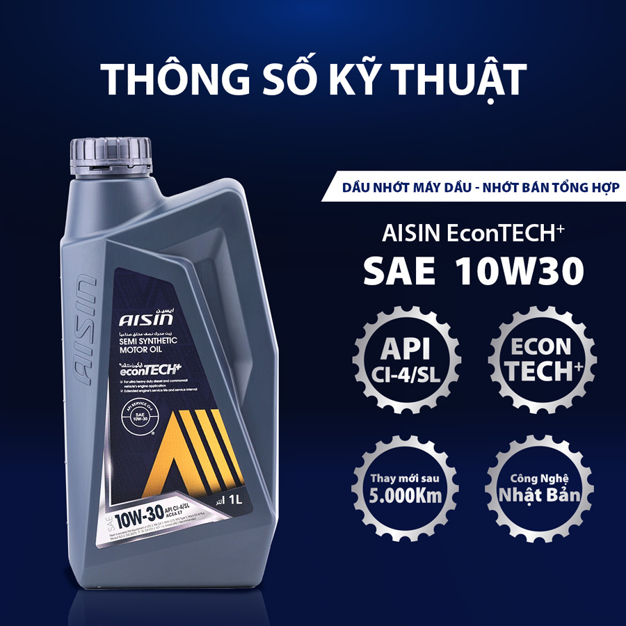Dầu Nhớt Bán Tổng Hợp AISIN Econtech+ CI4/SL 10W30 1 Lít ECSI1031PB - Nhập Khẩu Chính Hãng