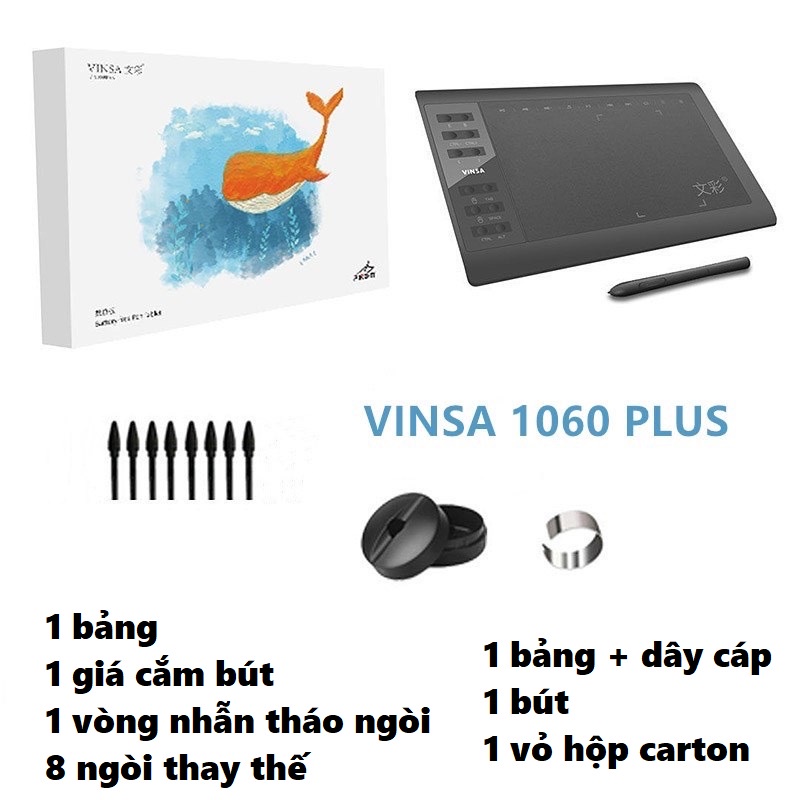 Bảng điện tử VINSA 1060Plus bút cảm ứng từ không dùng pin - bản quốc tế nâng cấp so với Gaomon 1060- Hàng Chính Hãng