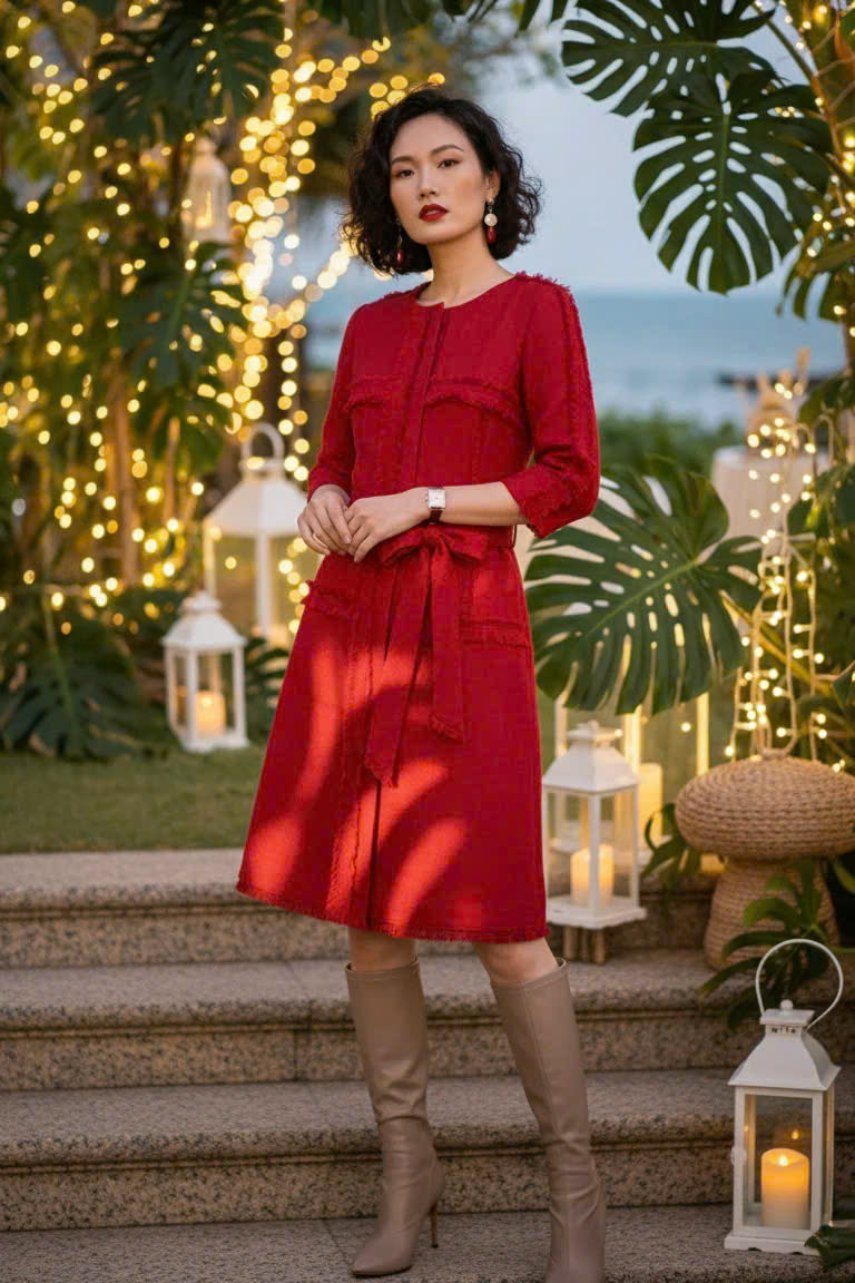 Đầm Suông Tua Rua Tweed Đỏ, Đầm Suông Thắt Eo Thanh Minh thời trang thiết kế Hity Dre201