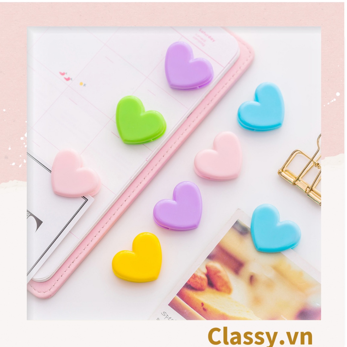 Kẹp giấy thiết kế hình trái tim màu hồng nhỏ gọn tiện dụng dễ thương
