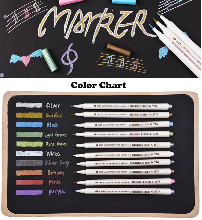 Bút lông mềm cây lẻ Lalunavn 10 màu sắc đầu Brush có nhũ STA Metallic Marker Pen Drawing - A13