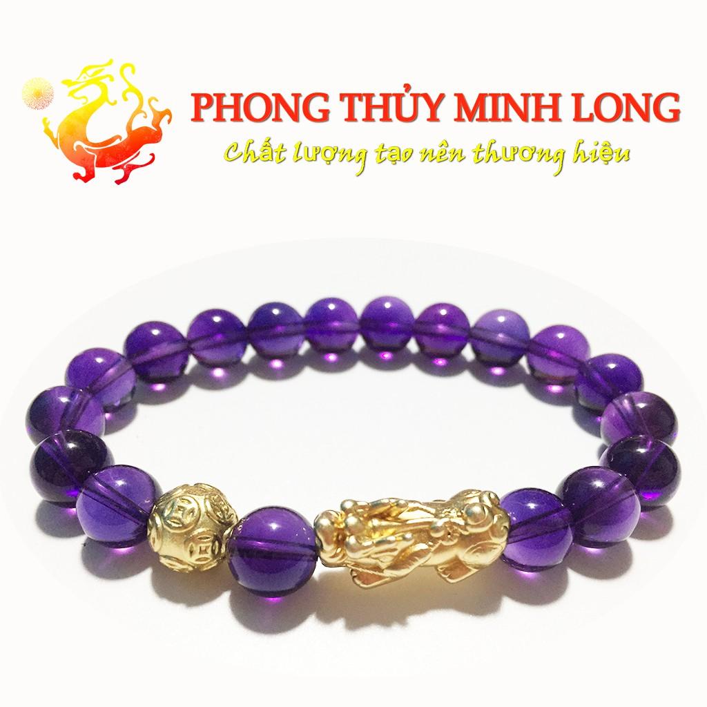 Vòng tay đá. thach anh Tím chất lượng 5A mix Tỳ Hưu và 1 Hạt Kim Tiền Vàng hợp mệnh Hỏa và Thổ