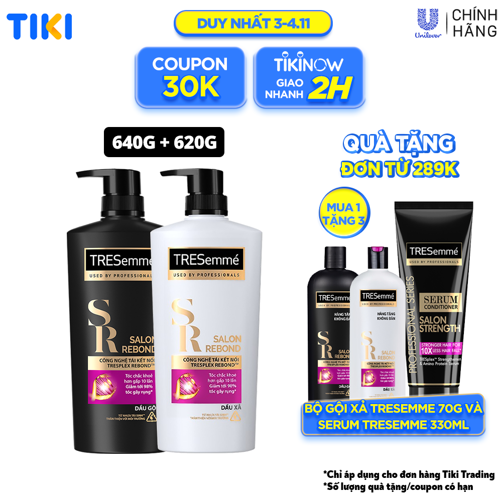 Combo Dầu gội & Dầu xả TRESEMME Salon Rebond dưỡng tóc hư tổn Với Công nghệ Tái kết nối Keratin ngăn gãy rụng đến 98% 640g + 620g