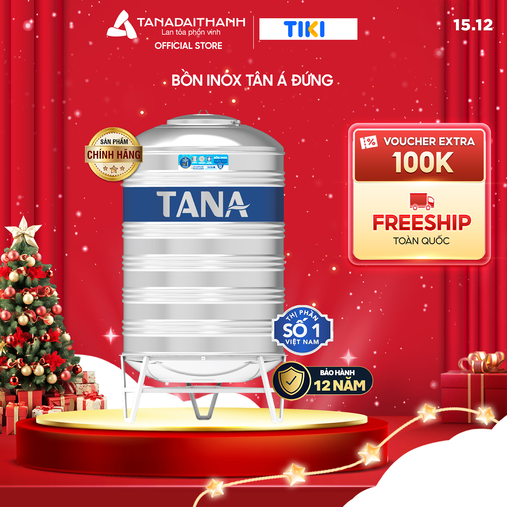 Bồn nước inox Tân Á Đại Thành Đứng (500L, 1000L, 1500L, 2000L), SUS 304 - Chính hãng, Bảo hành 12 năm