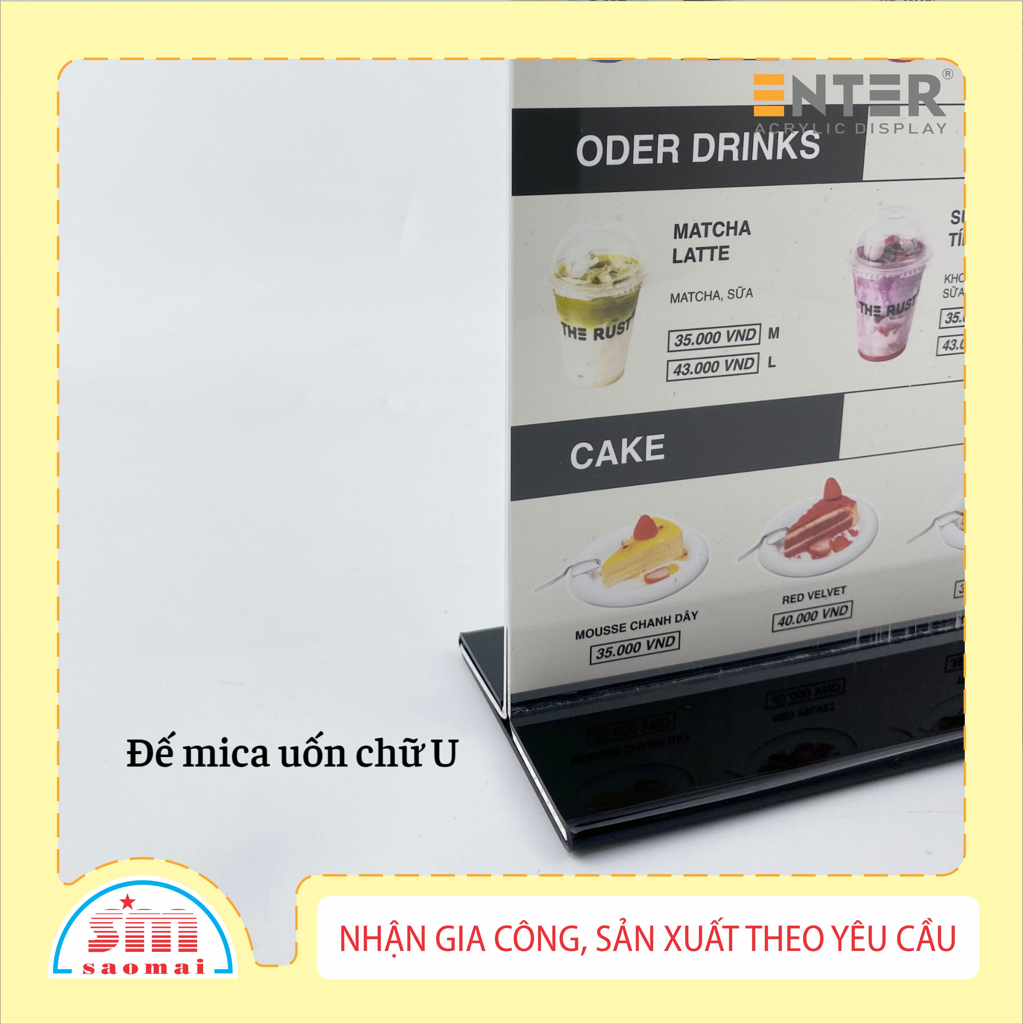 Kệ menu nhà hàng, Standee mica để bàn, Bảng quét mã QR Code, Kệ mica 2 mặt Enter E10-U 100x150mm đế lùa uốn bằng
