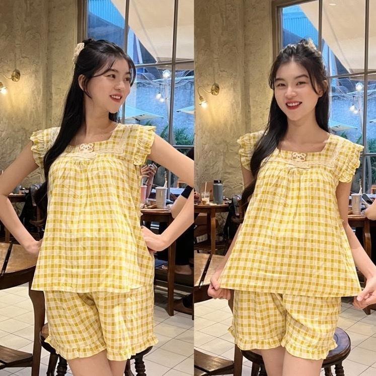 Đồ bộ bầu Đùi Tay Bèo vải tôn 2 da mềm mát quần có chun điều chỉnh - Vàng