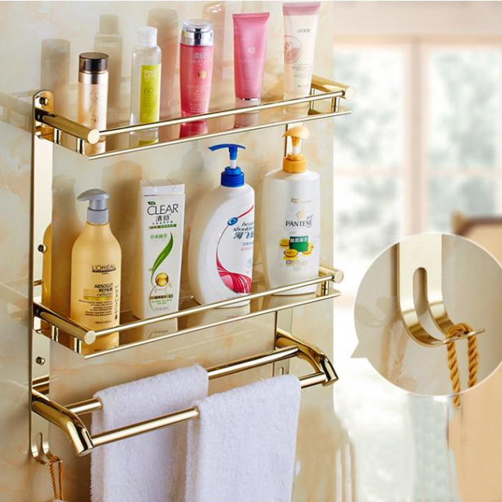 Kệ Giá Treo Khăn Nhà Tắm 3 tầng kèm khay inox mạ vàng PNK002