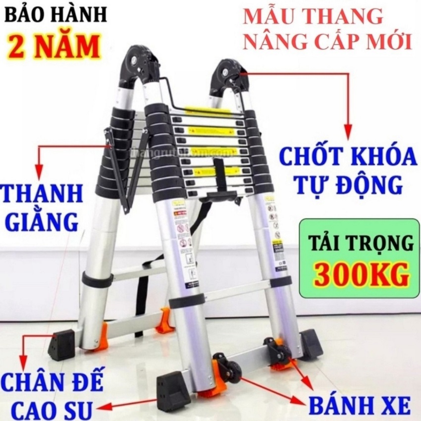 Thang nhôm rút chữ A Sumika SK 440D (2.2M+2.2M) - duỗi thẳng cao 4.4m, 8 đế cao su chống trượt, có bánh xe kéo, khóa chốt cao cấp, bậc thang thiết kế chống trượt, thanh giằng giữa 2 bên thang - Luôn Có Phụ Kiện Thay Thế