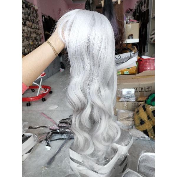 Tóc giả nữ nguyên đầu trắng xoăn mới hình shop chụp