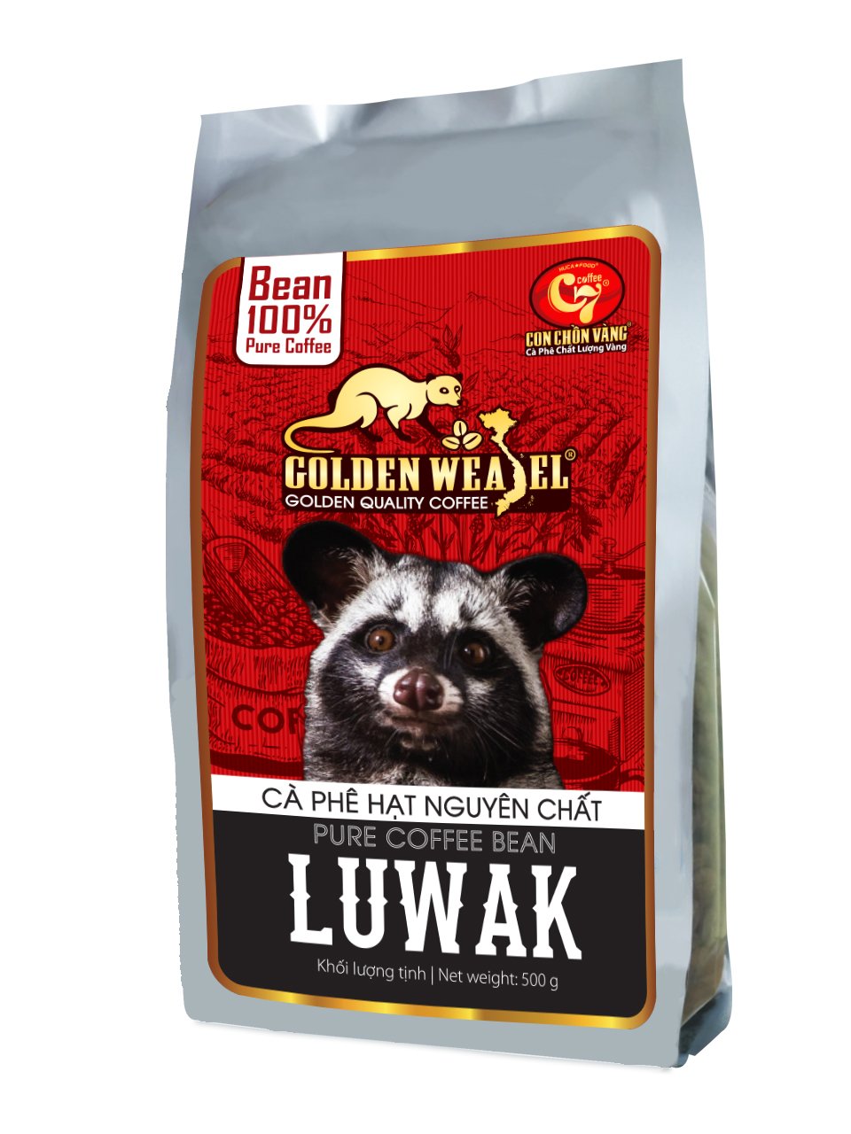 Cà Phê Hạt Luwak Rang Mộc 100% Con Chồn Vàng Túi 500Gr - Huca Food