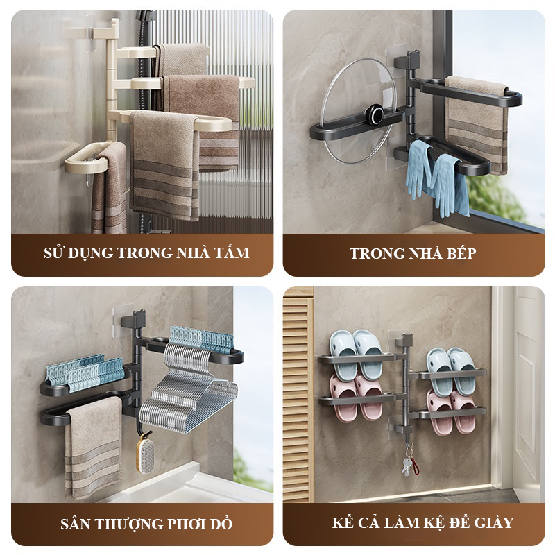 Giá Nhựa treo khăn 4 thanh xoay 180 độ không cần khoan tường