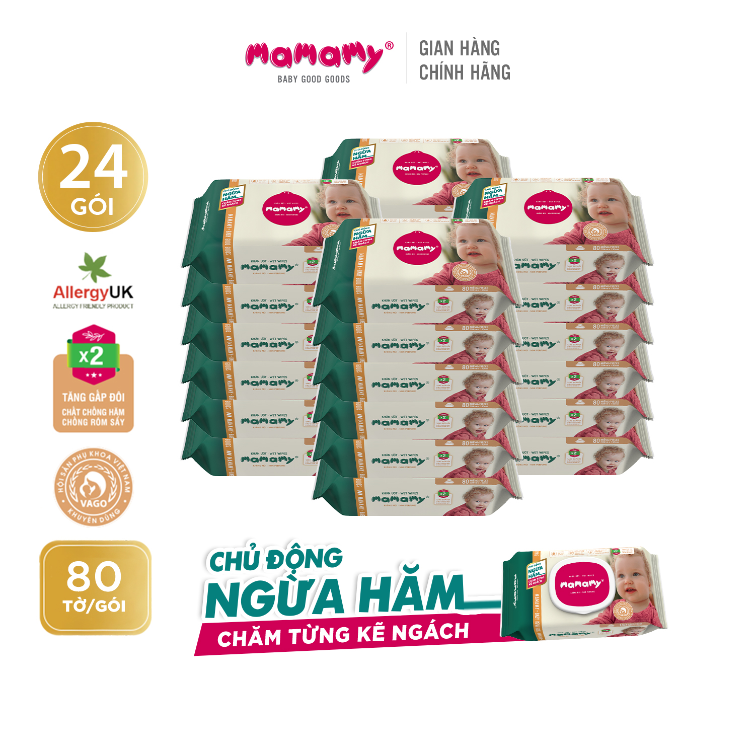 Combo 24 gói Khăn Ướt Mamamy 80 Tờ bổ sung (Không có nắp) chống hăm, kháng khuẩn an toàn cho bé