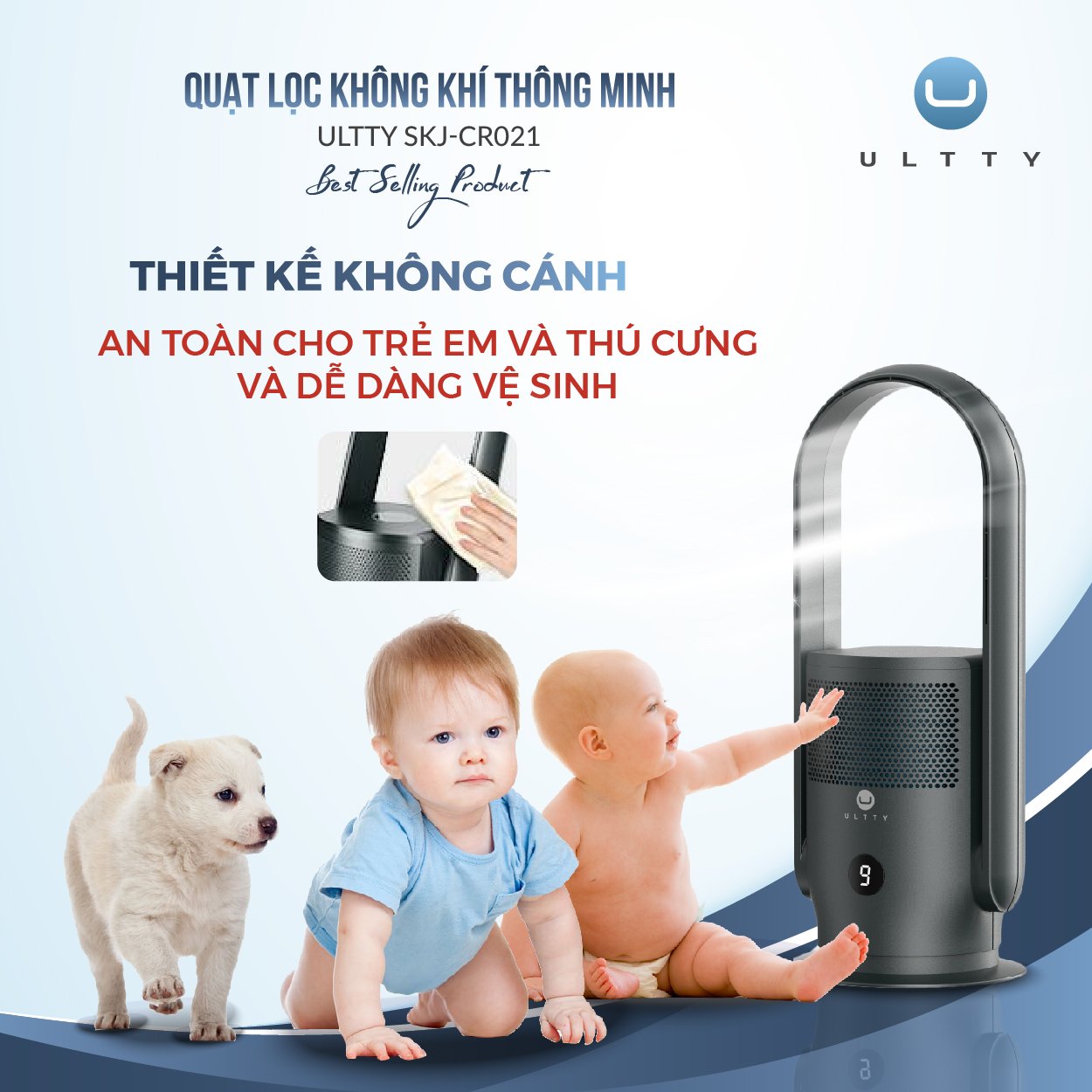 Máy Lọc Không Khí ULTTY SKJ-CR021 Dạng Quạt, Chế Độ Làm Mát 9 Cấp, Bộ Lọc HEPA H13 Loại Bỏ 99,97% Bụi Mịn, Vi Khuẩn, Virut - Màu Trắng - Hàng Chính Hãng