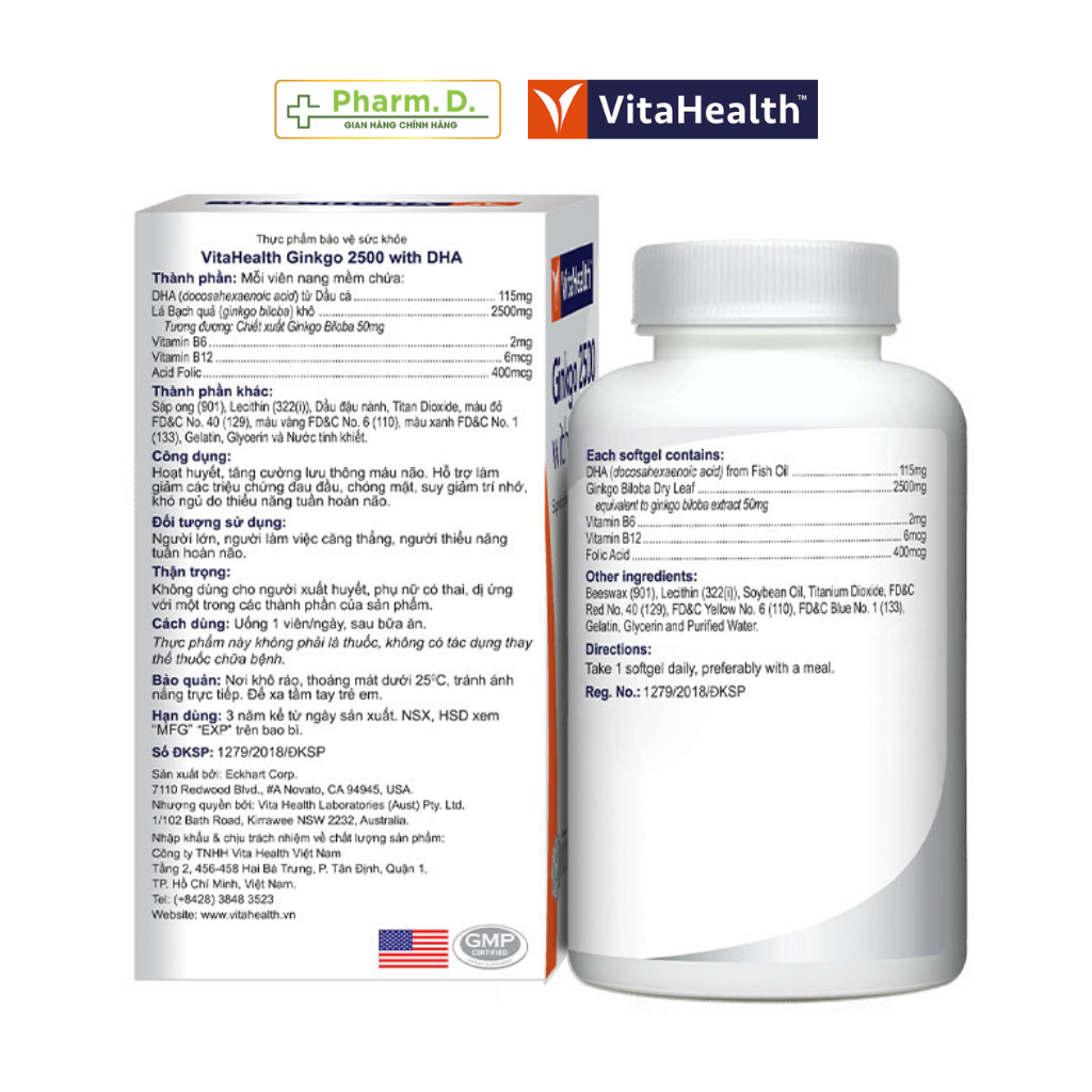 Viên Uống Bổ Não, Tăng Cường Trí Nhớ VITAHEALTH Ginkgo 2500 With DHA (Hộp 30 Viên/ 60 Viên)