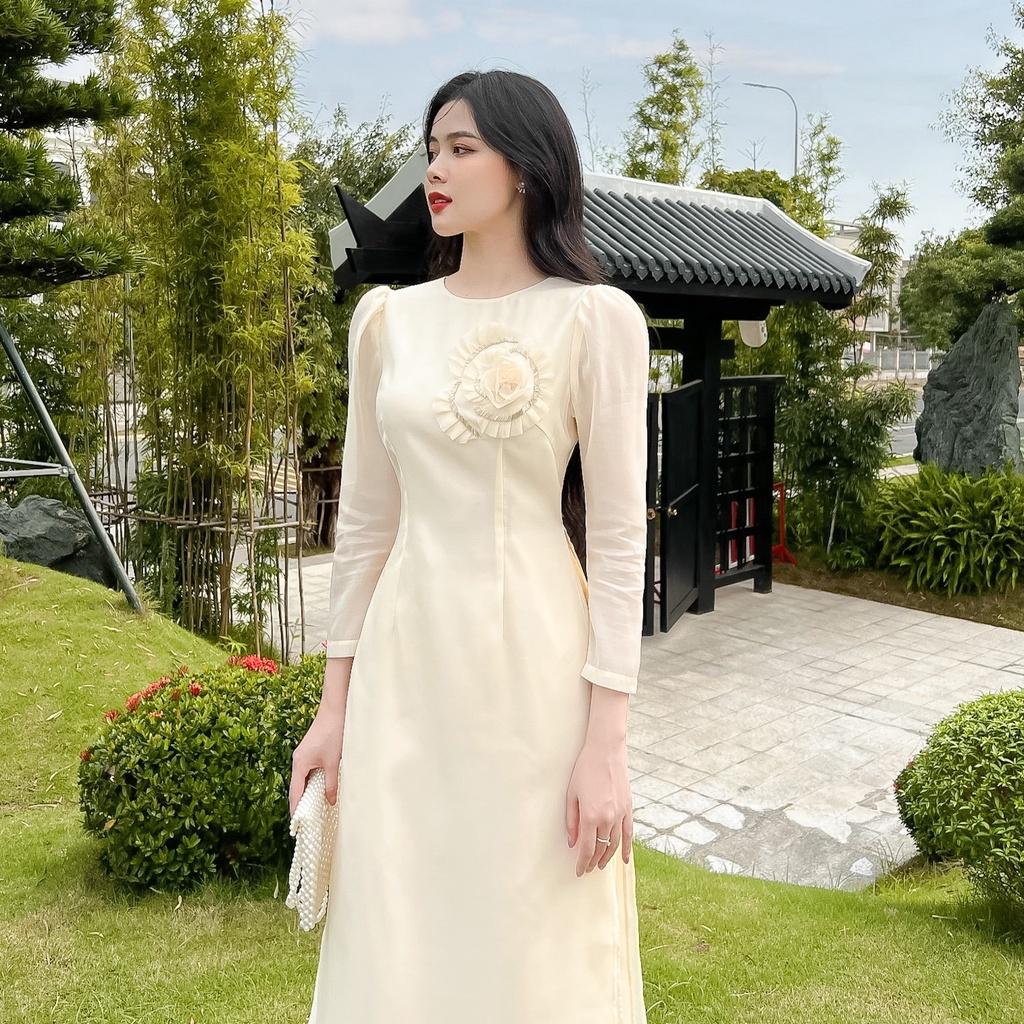 Áo Dài,Áo Cách Tân Đính Hoa Hai Lớp Thiết Kế Đơn Giản Cho Các Nàng , Mã A27