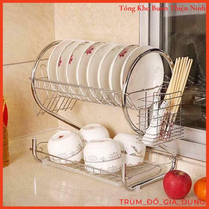 Giá úp bát đĩa 2 tầng inox có khay hứng nước