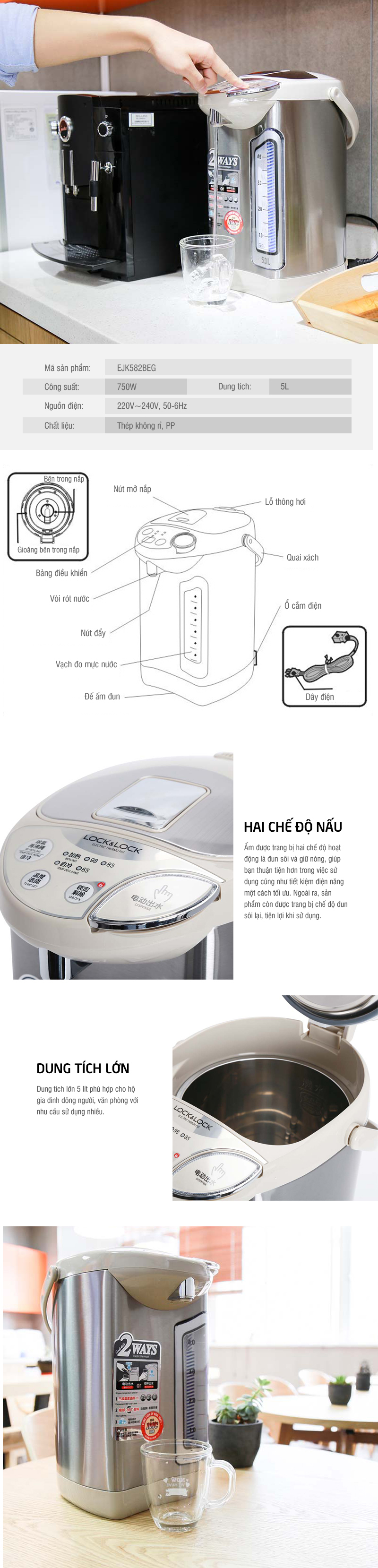 Bình Thủy Điện Lock&amp;Lock EJK582BEG (5L) - Hàng chính hãng