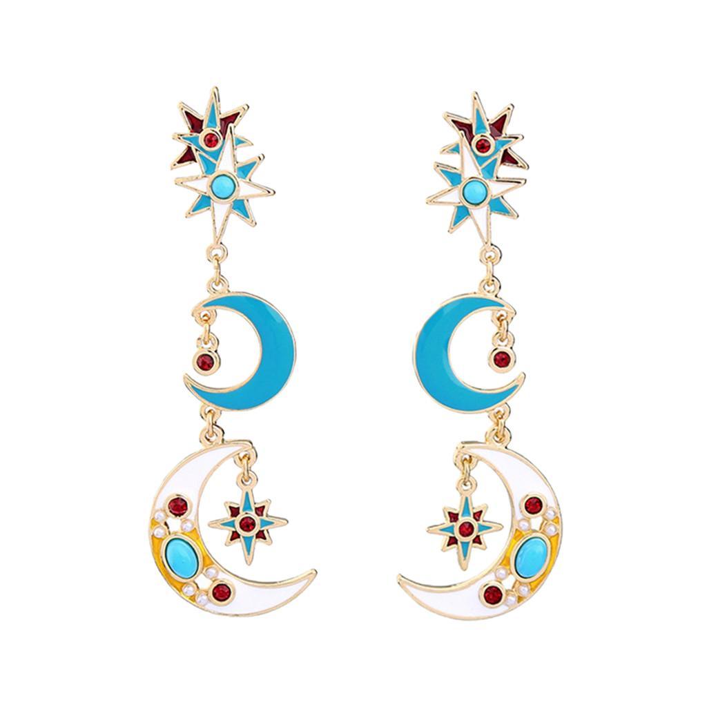 Trendy Enamel Charms Earrings Gold Stars Moon Dangle Earrings