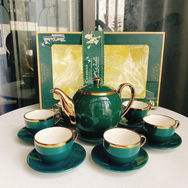 Bộ ấm trà gốm sứ viền vàng Hàn Quốc cao cấp màu xanh