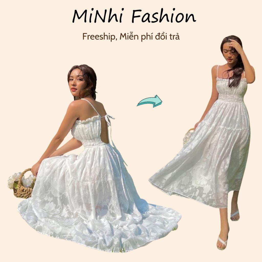 Đầm trắng hở lưng đi biển, Đầm maxi 2 dây vải voan hoa Cao Cấp hàng loại 1, nữ tính dáng xòe - MiNhi Fashion
