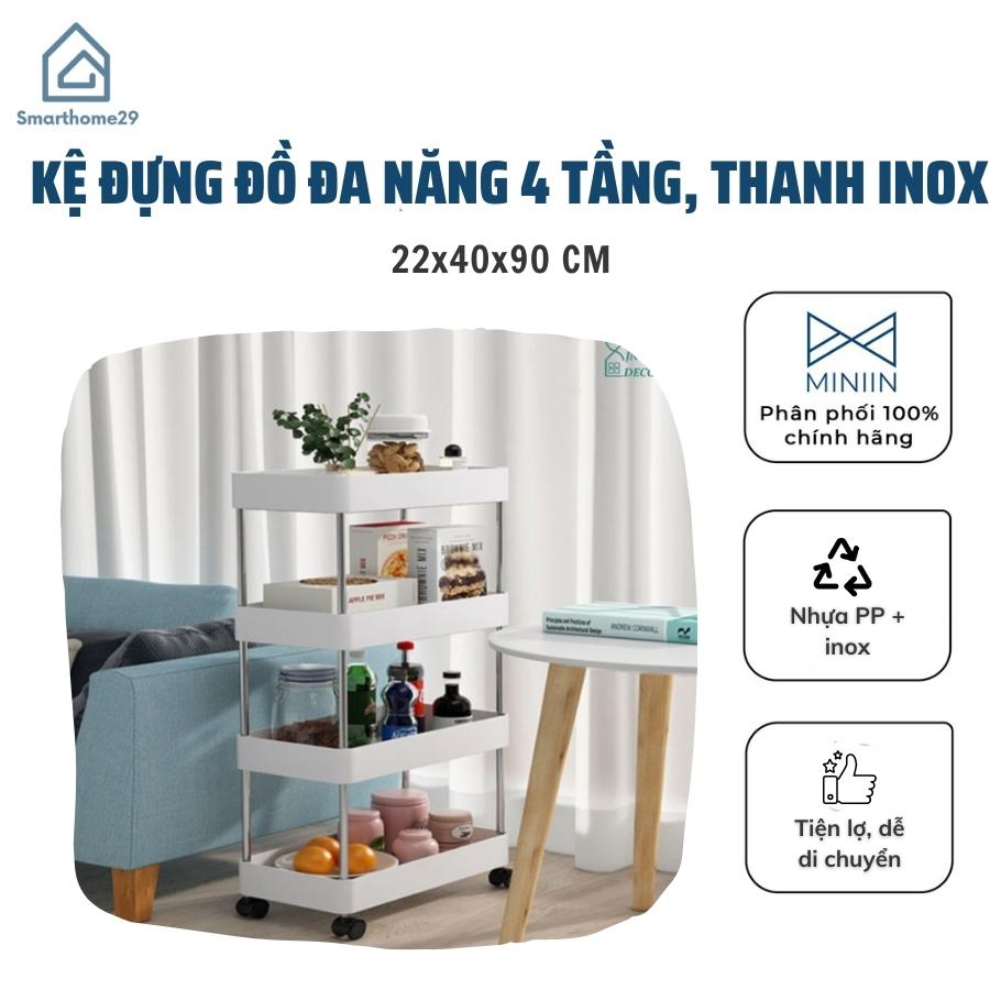 Hình ảnh Kệ Để Đựng Đồ Đa Năng 4 Tầng - Thanh Inox - Giá Nhựa có lỗ Cao cấp[CÓ BÁNH XE] màu trắng - Hàng Loại 1 - Chính Hãng MINIIN