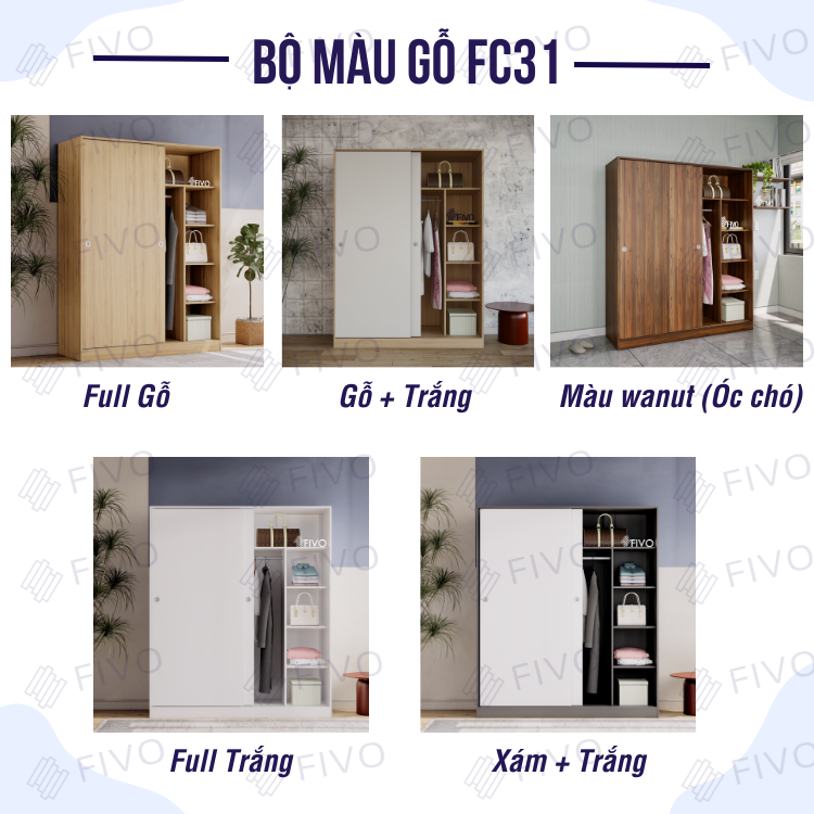 Tủ Treo Quần Áo Cửa Lùa Gỗ MDF Cao Cấp FC31 FIVO, Nhiều Ngăn Đựng Đồ, Không Gian Hộc Tủ Trên Rộng Rãi