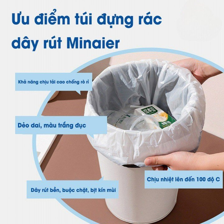 Túi đựng rác dây rút Minaier chống rò rỉ nước, không sợ bẩn tay | Túi đựng rác cuộn 100 túi siêu dai kích thước 45*50cm